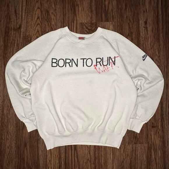 Vintage 80’s Nike Born To Run/Walk Bruce Springsteen White Crewneck Sweatshirt L - Picture 1 of 8